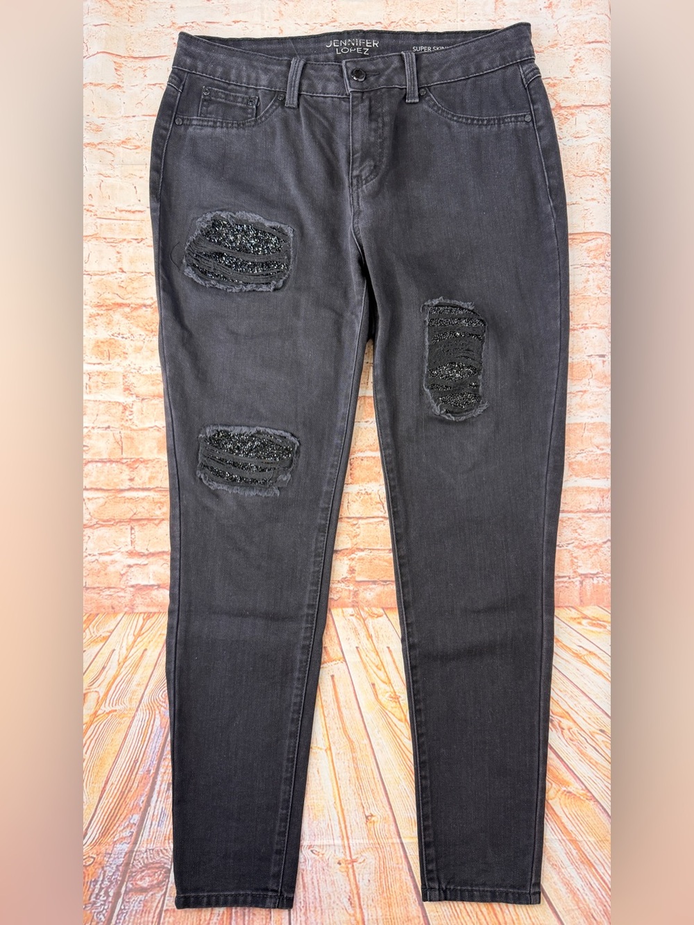 Jennifer Lopez Black Sequin Distressed Super Skinny Jeans